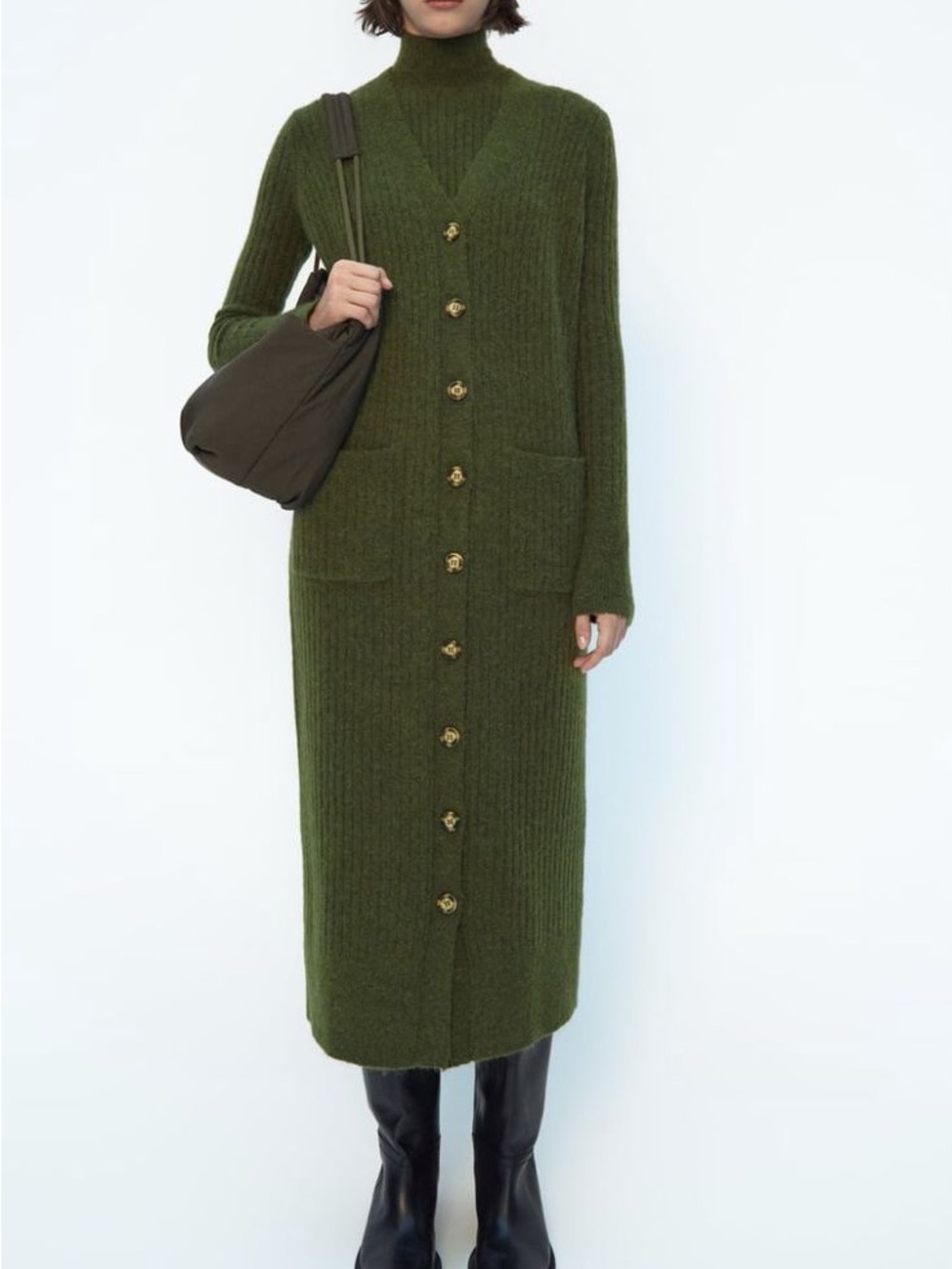 Zara women Olive Green Long Knit Cardigan Dress size S